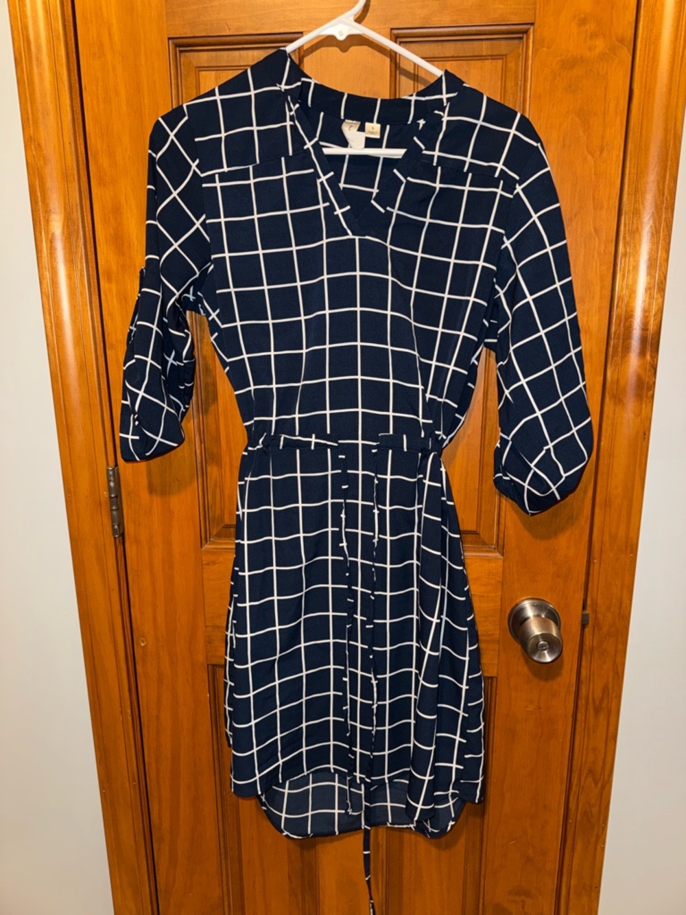 Tacera Navy Windowpane Tie-Waist Mini Dress